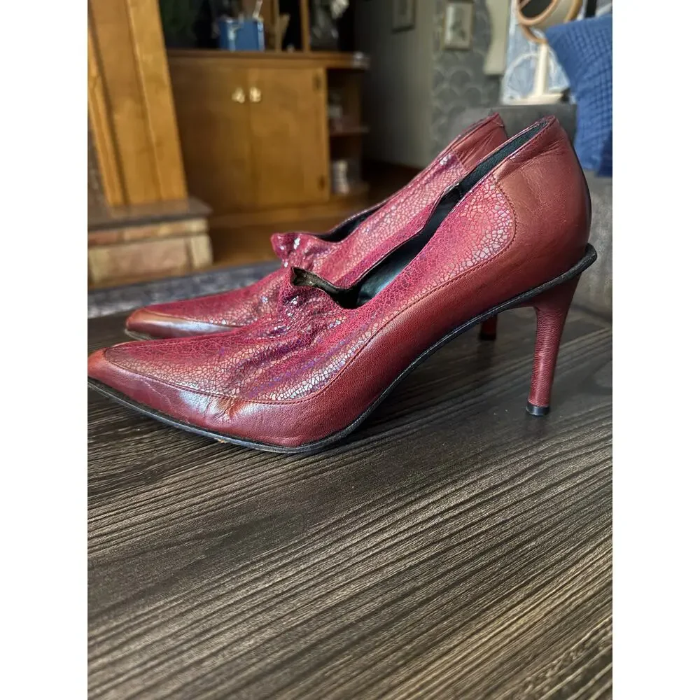 HTF Vintage Diesel Maroon Cracked Leather Pointed Toe Heels Sz. 38.5